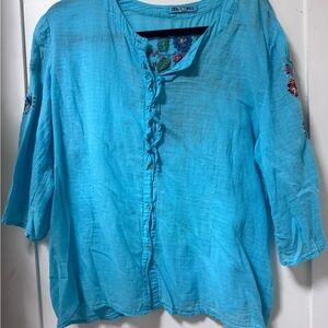 Johnny Was Bright Turquoise Embroidered Button-Front Blouse